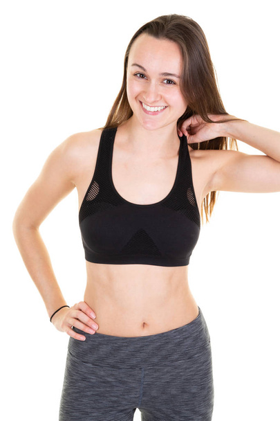 Perte de poids fitness femme jeune modèle féminin caucasien sportif isolé sur fond blanc
 - Photo, image