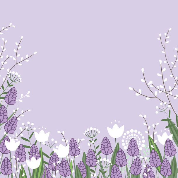 Lente bloemen kleurrijke kaart. Takken van de wilg, hyacinten en tulp bloemen. Plaats voor tekst - Vector, afbeelding