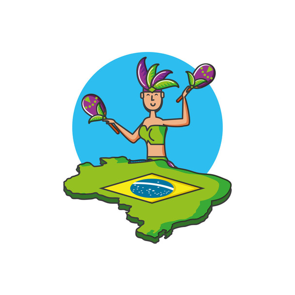 woman brazilian dancer with map of brazil - Vector, Image