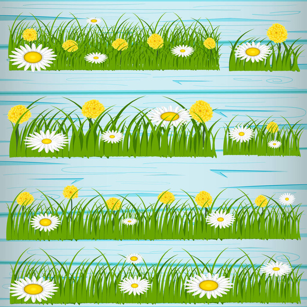Velikonoční vajíčka na zelené trávě. Sezónní svátky v dubnu. Barevné vejce a květiny. Nápis - Vektor, obrázek