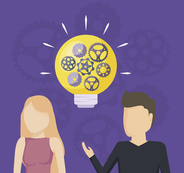 couple with light bulb and pinions - Vector, Image