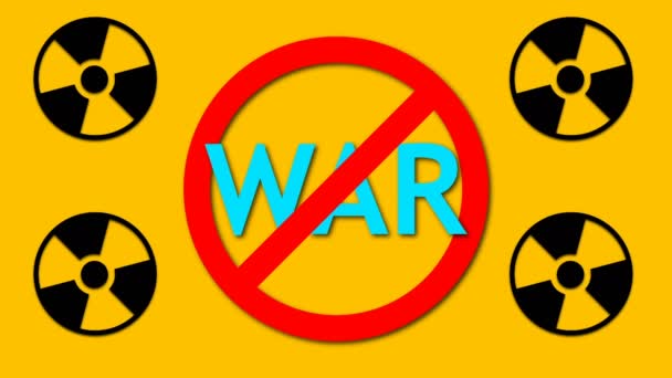 Text Krieg hinter Verbotsschild und vier radioaktiven Zeichen, Gefahren- und Sicherheitshintergrund, 3D-Renderkulisse - Filmmaterial, Video