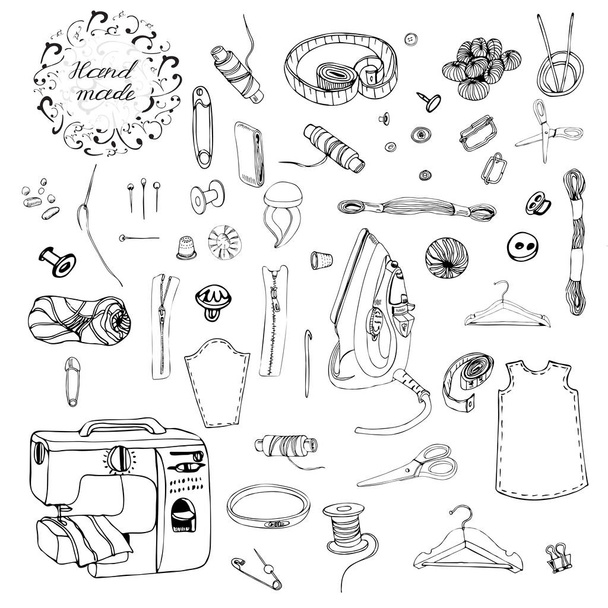 Collection of  items for sewing. Hand drawn monochrome sketch of different elements isolated on white background. - Vector, afbeelding