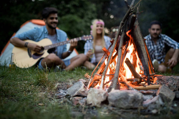 Happy friends playing music and enjoying bonfire in nature - 写真・画像