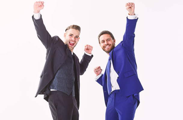 Business achievement concept. Office party. Celebrate successful deal. Men happy emotional celebrate profitable deal. Launch own business. Business success. Business partners celebrate success - Foto, afbeelding