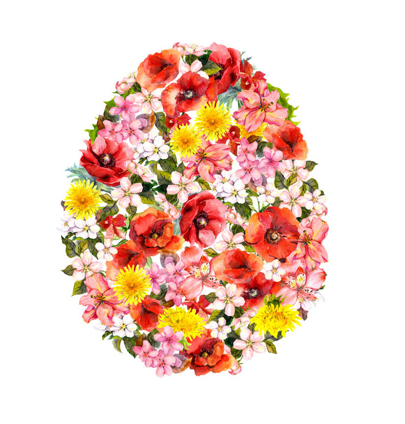 Easter egg from poppies, meadow flowers. Floral watercolor - Photo, Image