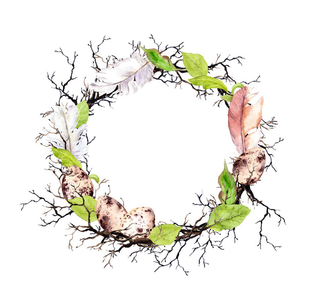 Easter eggs, branches and spring leaves. Floral wreath for Easter. Watercolor circle border - Foto, afbeelding