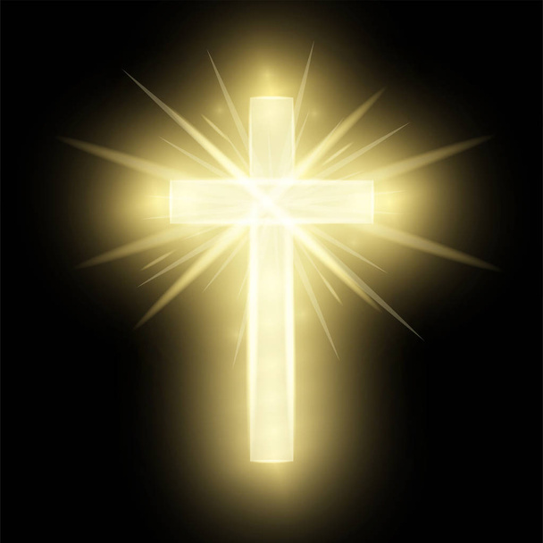 Glanzende gouden kruis geïsoleerd op zwarte achtergrond. Riligious symbool. Gloeiende Sint-Kruis. Pasen en kerst teken. Heaven concept. Vector illustratie - Vector, afbeelding