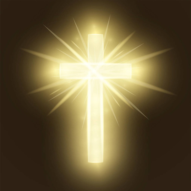 Glanzende gouden kruis geïsoleerd op bruine retro achtergrond. Riligious symbool. Gloeiende Sint-Kruis. Pasen en kerst teken. Heaven concept. Vector illustratie - Vector, afbeelding