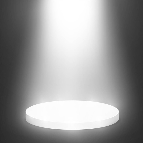Round pedestal sanctified with light. Empty white podium illuminated mockup isolated on black background. Champion, first place, award, win, winner, award stair concept design. Vector - Vector, Image