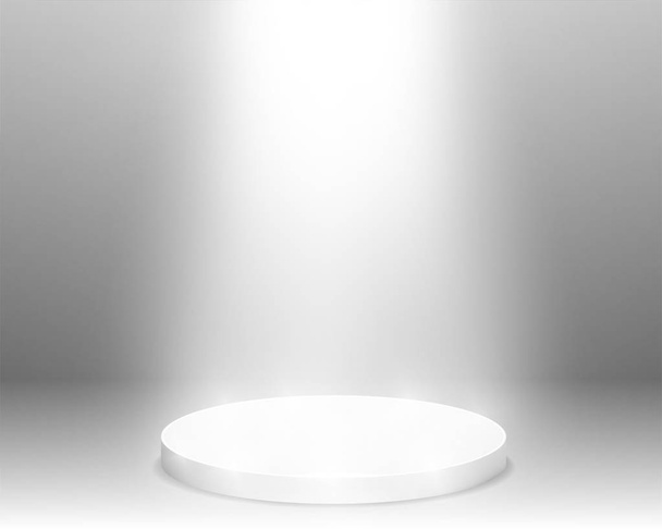 Round pedestal sanctified with light. Empty white podium illuminated mockup isolated. Champion, first place, award, win, winner, award stair concept design. Vector - Vecteur, image