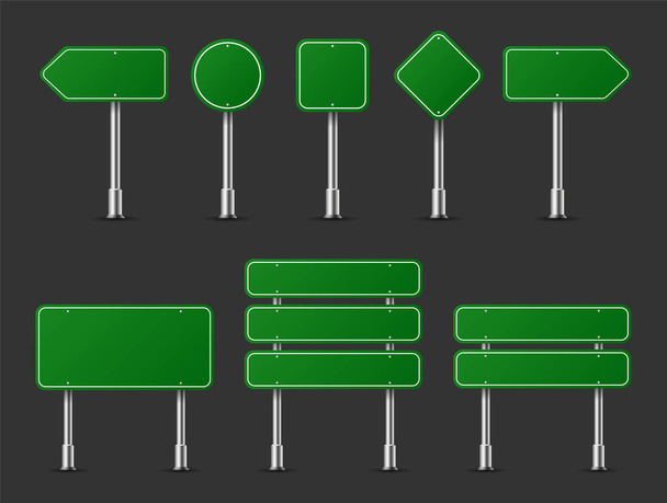 Realistische verkeersborden op metalen stalen paal geïsoleerd. Verschillende groene weg panelen model-richting snelweg, bordtekst, stad locatie, straat pijlen, stop, gevaar, waarschuwing signage. Vector - Vector, afbeelding