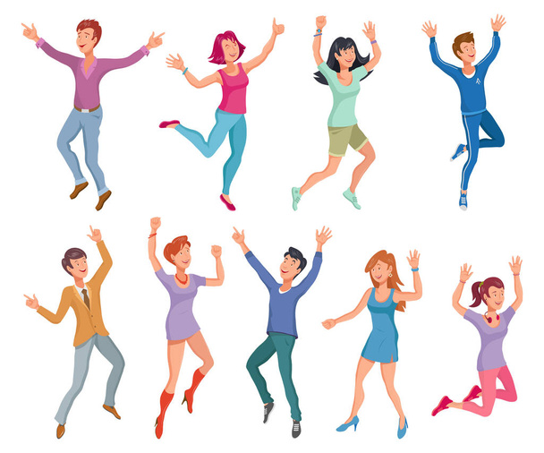 Group of happy smiling people jumping on a white background. People concept - jumping happy men and women. Healthy jumping and friendship, happiness, motion. Vector graphics to design - Вектор,изображение