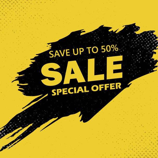 Super Sale and special offer. 50 off. Vector illustration. Trendy neon geometric figures wallpaper in a modern material design style. Coloured banner - Vektor, kép