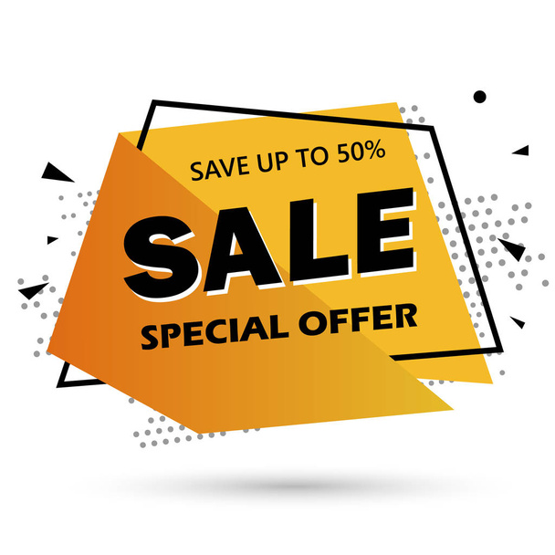 Super Sale and special offer. 50 off. Vector illustration. Trendy neon geometric figures wallpaper in a modern material design style. Coloured banner - Vetor, Imagem