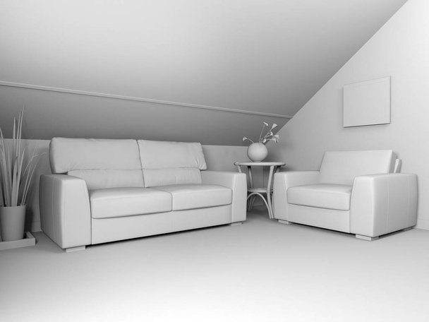 White sofa on dark flooring and wooden wall, 3d rendering
 - Фото, изображение