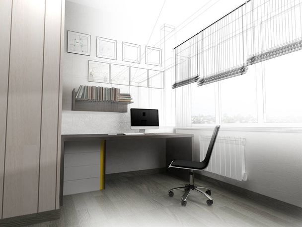 сучасне робоче місце в домашньому інтер'єрі, 3d візуалізація
 - Фото, зображення