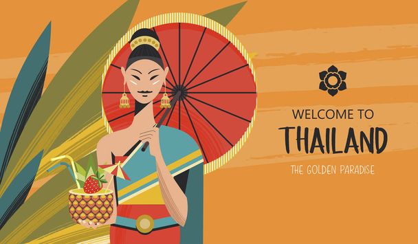  RGBBeautiful Thai girl with red umbrella and exotic cocktail. Welcome to Thailand. Advertising flyer template. Vector colorful illustratio - Vector, Image