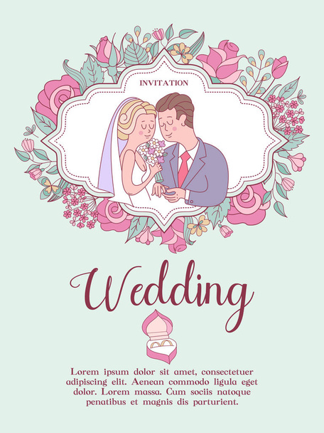 Uitnodiging bruiloft. De kaart van de mooie bruiloft met bruid en bruidegom, delicate roze bloemen en witte duiven. Vectorillustratie. - Vector, afbeelding