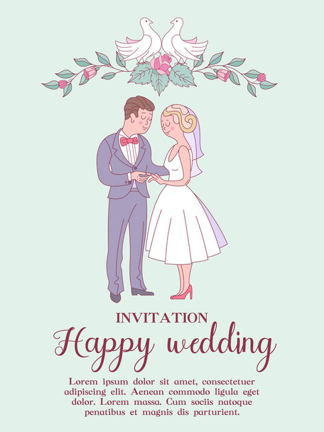 Wedding invitation. Beautiful wedding card with bride and groom, delicate pink flowers and white doves. Vector illustration. - Vetor, Imagem
