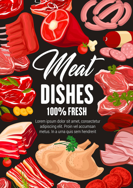 Carne de carne de açougue e carne de porco, salsichas de talho
 - Vetor, Imagem