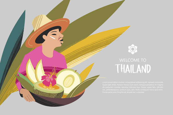 Mujer tailandesa en un sombrero sosteniendo una cesta de frutas exóticas. Para el mercado tailandés. Bienvenido a Tailandia. Plantilla de folleto publicitario
. - Vector, imagen