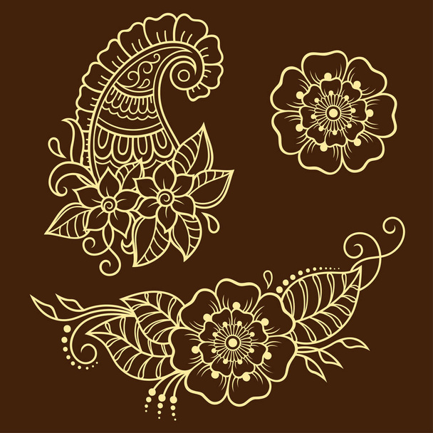 Conjunto de patrón de flores Mehndi para dibujo y tatuaje de henna. Decoración en estilo étnico oriental, indio
. - Vector, Imagen