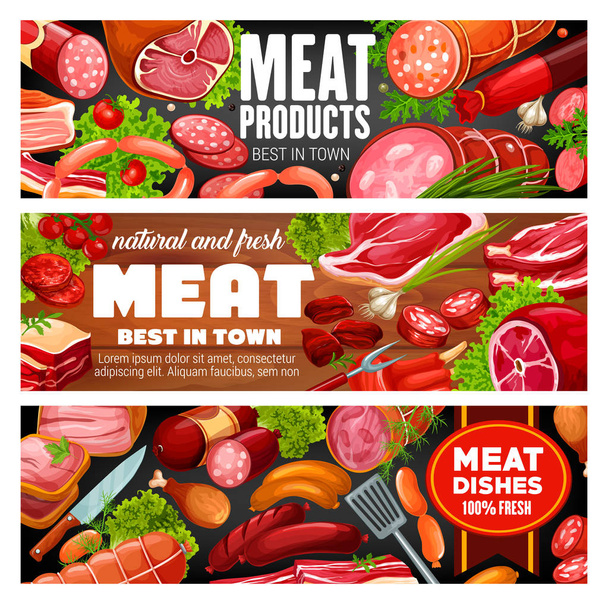 Slager winkel vlees en worst food producten - Vector, afbeelding