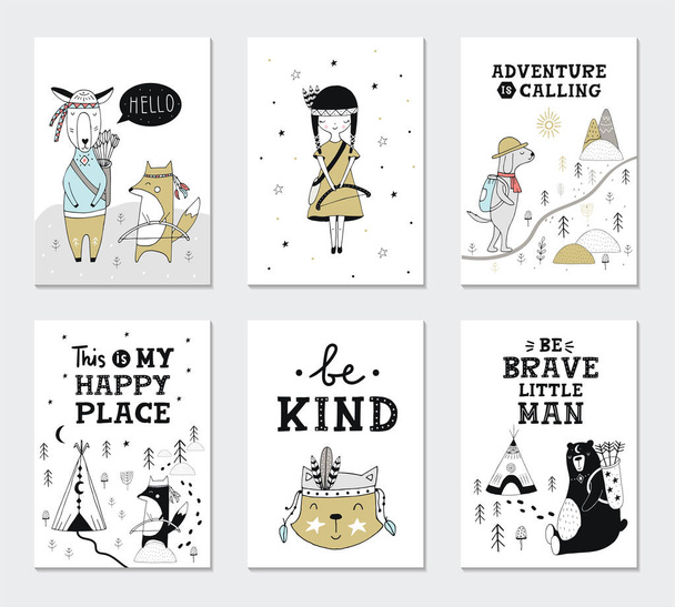 Colección de tarjetas para niños con animales lindos y letras. Perfecto para carteles infantiles. Ilustración vectorial
. - Vector, Imagen