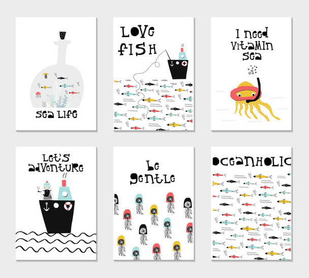 Colección de tarjetas para niños con animales lindos y letras. Perfecto para carteles infantiles. Ilustración vectorial
. - Vector, imagen