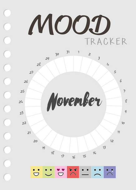 Ημερολόγιο διάθεσης για ένα μήνα. ημερολόγιο Νοεμβρίου. την παρακολούθηση της συναισθηματικής κατάστασης - Διάνυσμα, εικόνα