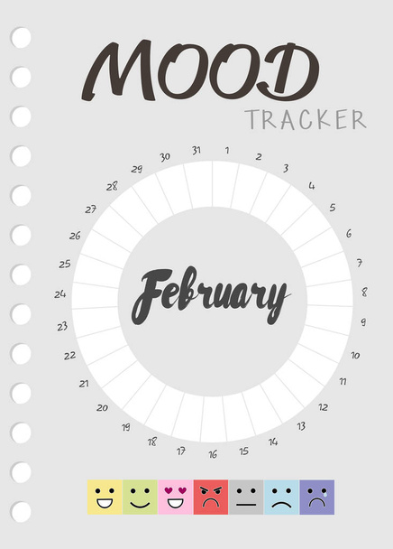 Ημερολόγιο διάθεσης για ένα μήνα. διάθεση tracker Φεβρουάριο ημερολόγιο. παρακολούθηση της συναισθηματικής κατάστασης - Διάνυσμα, εικόνα