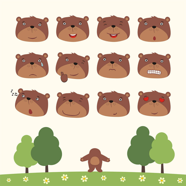 set of cartoon characters of little funny bears with different emotions and body on summer meadow  - Вектор,изображение