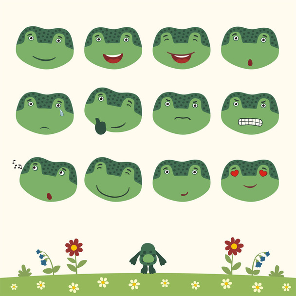 set of cartoon characters of little funny frogs with different emotions and body on summer meadow  - Vektor, Bild