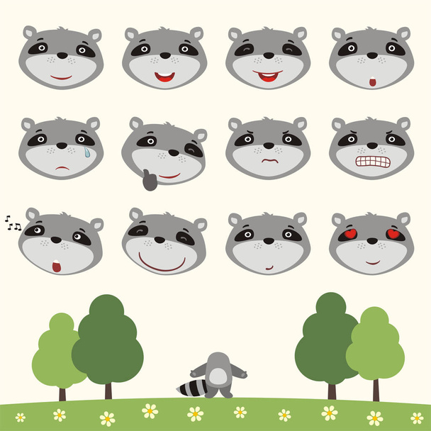 set of cartoon characters of little funny raccoons with different emotions and body on summer meadow  - Vettoriali, immagini
