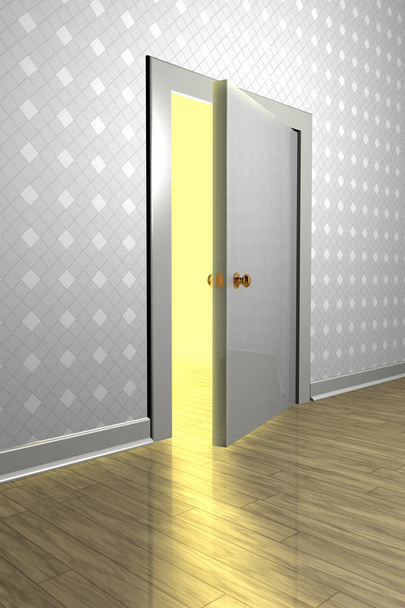 3D-Darstellung eines starken Lichts, das durch eine halb geöffnete Tür herauskommt - Foto, Bild