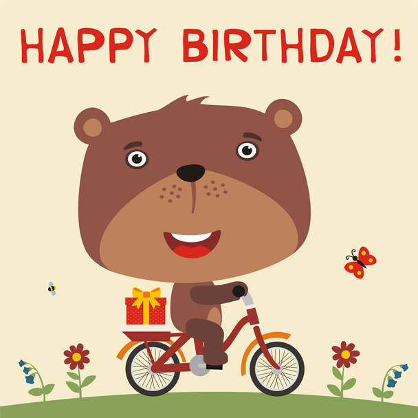 greeting card with cute funny cartoon character of bear on bicycle with gift at meadow and text Happy birthday - Vettoriali, immagini