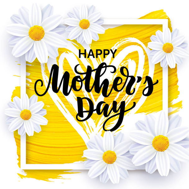 Happy Mothers day vector card with realistic flowers and hand drawn golden paint abstract background. - Διάνυσμα, εικόνα