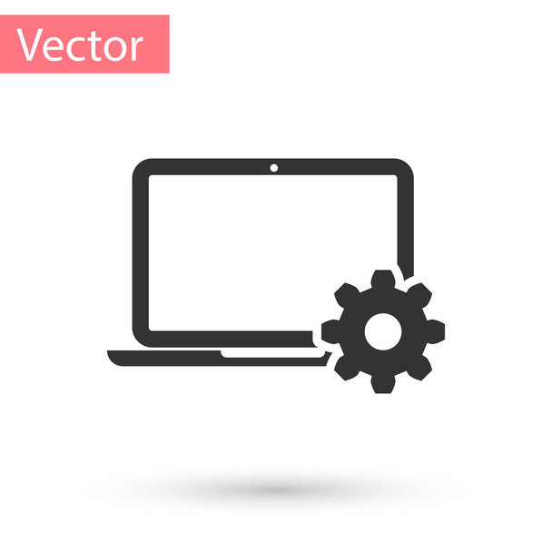 Grey Laptop and gear icon on white background. Laptop service concept. Adjusting app, setting options, maintenance, repair, fixing laptop concepts. Vector Illustration - Vektor, kép