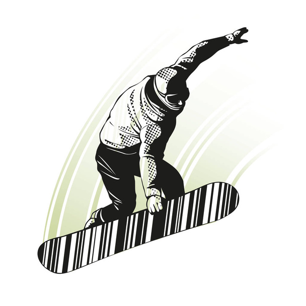 Snowboarder en salto sobre fondo blanco. Ilustración gráfica con snowboarder en acción. Concepto deportivo. Elemento gráfico en capa separada
. - Vector, imagen