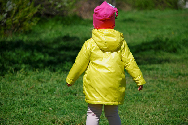 Een meisje in een gele regenjas wandelend in het bos. - Foto, afbeelding