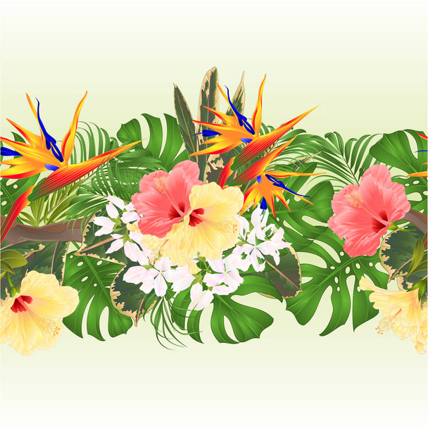 Trópusi határ varratmentes háttérben csokor trópusi virágok rózsaszín és sárga hibiszkusz és Strelitzia és Sansevieria palm, filodendron és ficus vintage vektoros illusztráció üdvözlőlap - Vektor, kép