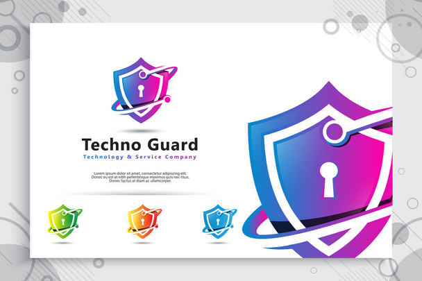 3d shield tech vector logo design with modern concept , abstract illustration symbol of cyber security  for digital template protection software company - Vector, Image