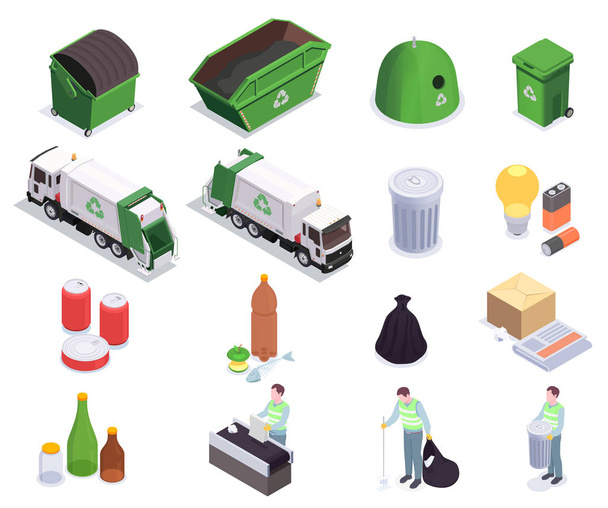 Recyklace odpadu izometrické kolekce - Vektor, obrázek