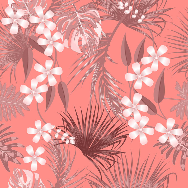 Vector seamless pattern with tropical leaves on Living Coral col - Vector, Image