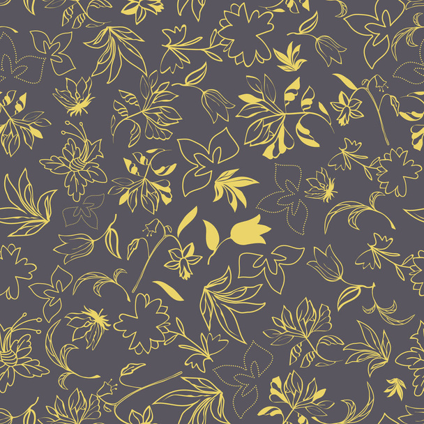 Floral seamless pattern with leaves, flowers, tulips, irises, plants - Vektör, Görsel