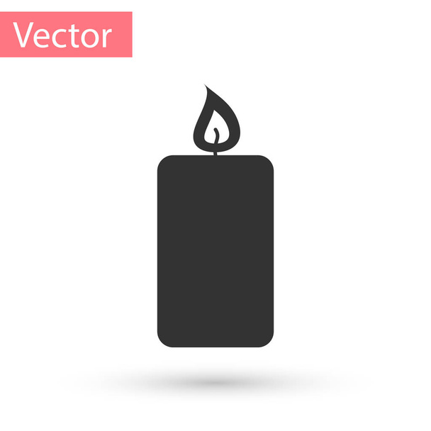 Grey Burning candle icon isolated on white background. Old fashioned lit candle. Cylindrical aromatic candle stick with burning flame. Vector Illustration - Vector, Image