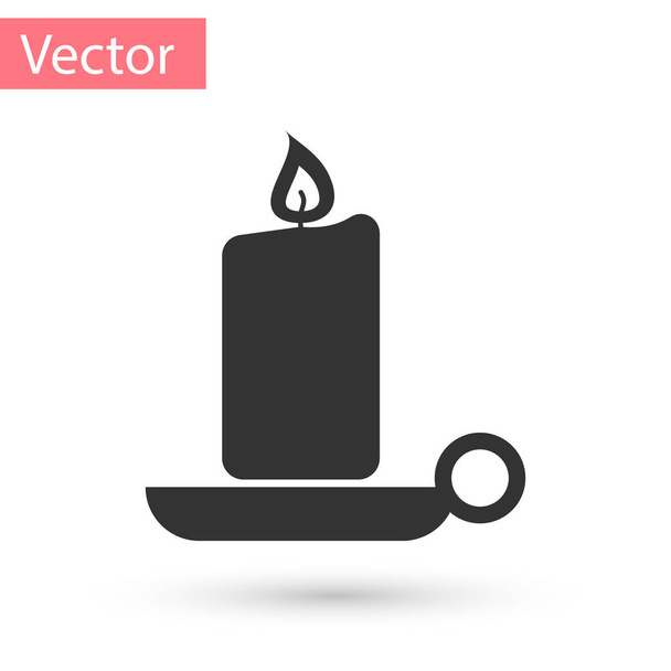Grey Burning candle in candlestick icon isolated on white background. Old fashioned lit candle. Cylindrical aromatic candle stick with burning flame. Vector Illustration - Vector, Image
