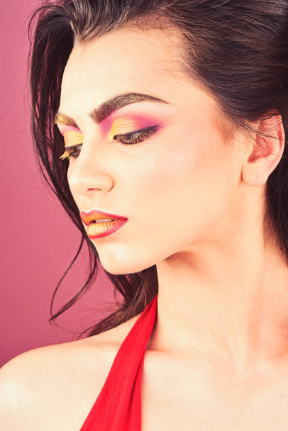 Skin first, makeup second. Visage skincare and makeup. Sexy woman with creative makeup. Pretty woman wear colorful makeup. Skincare model with fashion look. A beauty of a girl. Gorgeous beauty - Фото, зображення