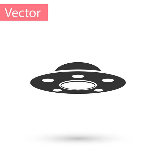 Ícone de nave espacial voadora OVNI cinzento isolado no fundo branco. Um disco voador. Nave espacial alienígena. Objeto voador desconhecido futurista. Ilustração vetorial
 - Vetor, Imagem